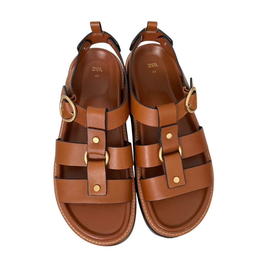 Zara Womens Brown Leather Platform Strappy Gladiator Sandals Gold Buckle Size 41 - Picture 6 of 8